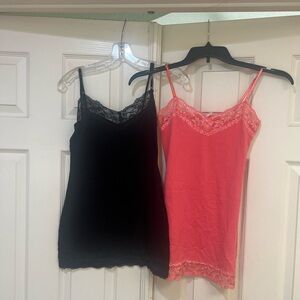 Two Coral pink  black sexy adjustable cami Stretchy lace tunic tank top sz M Y2K
